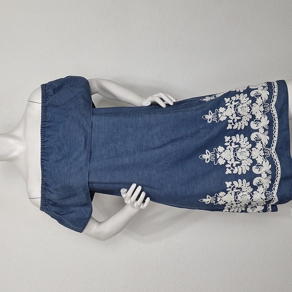 Blue Chambray Cottagecore Coastal Embroidered Ruffle Off Shoulder Mini Dress M - Picture 1 of 13